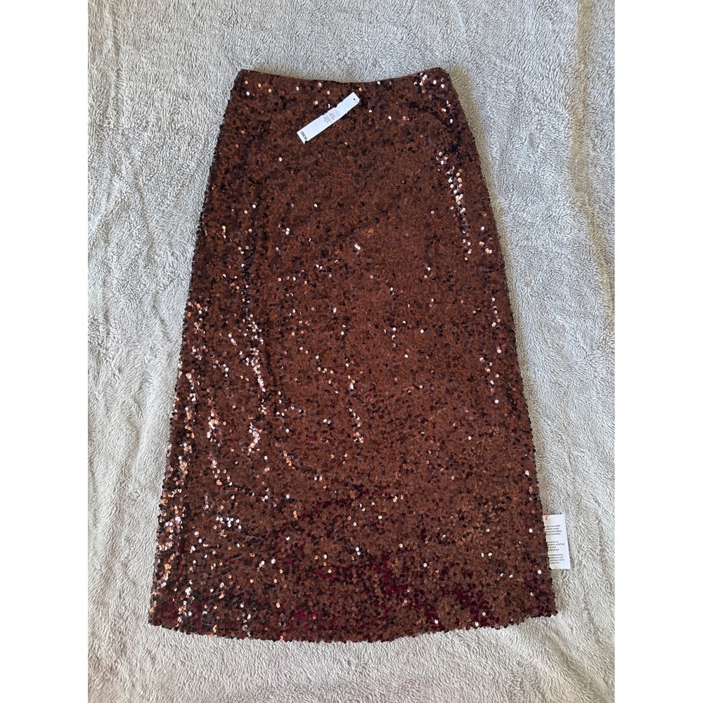 ASOS DESIGN Womens Copper Sequin Midi Skirt High Waisted Brown Size 6 NEW